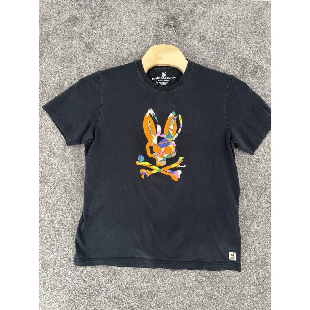 Psycho Bunny Graphic Skull Bunny Logo T Shirt Mens Large Black Pima Cotton Peru